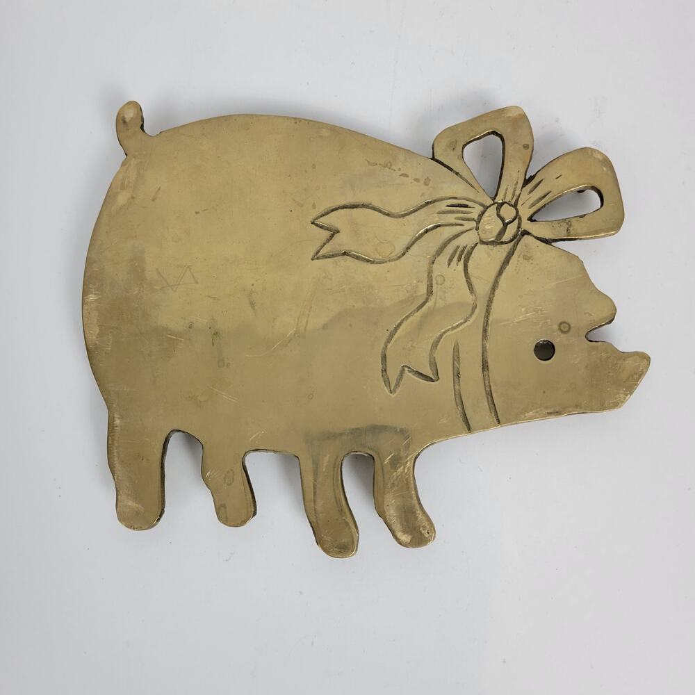 Vintage Omnibus Brass Trivet Piggy with Bow Shaped Footed Brass Made in Taiwan‎